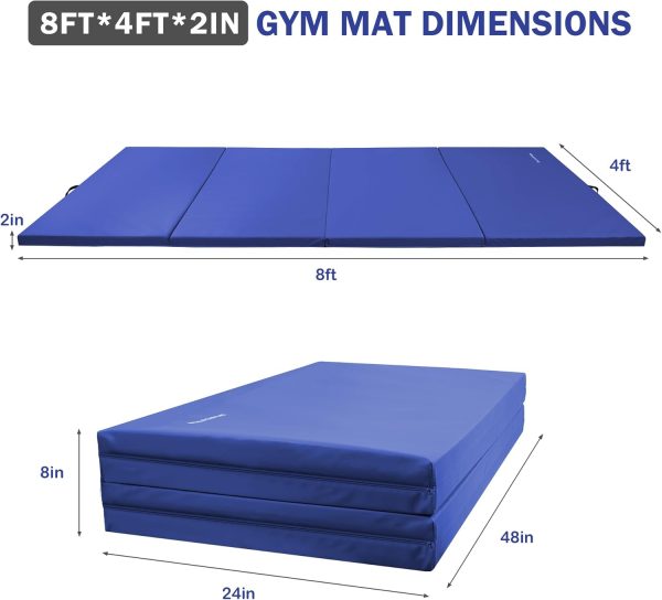 Folding Exercise Gymnastics Mat, 4'x8'x2" Gym Workout Mat with Carrying Handles High-Density Anti-Tear Portable Fitness Aerobics Mats for Home Gym Yoga Pilates Tumbling MMA Core Training, Multiple Colors - Image 2