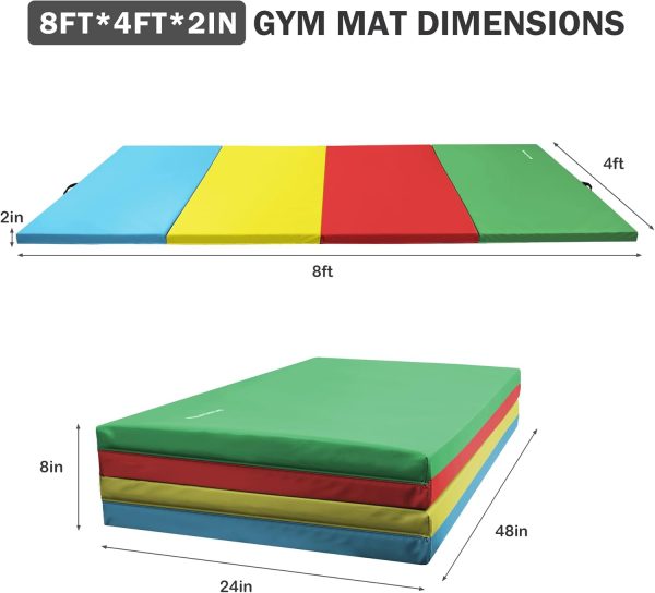 Folding Exercise Gymnastics Mat, 4'x8'x2" Gym Workout Mat with Carrying Handles High-Density Anti-Tear Portable Fitness Aerobics Mats for Home Gym Yoga Pilates Tumbling MMA Core Training, Multiple Colors - Image 9