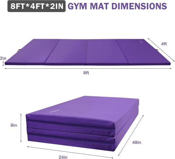 Folding Exercise Gymnastics Mat, 4'x8'x2" Gym Workout Mat with Carrying Handles High-Density Anti-Tear Portable Fitness Aerobics Mats for Home Gym Yoga Pilates Tumbling MMA Core Training, Multiple Colors - Image 23