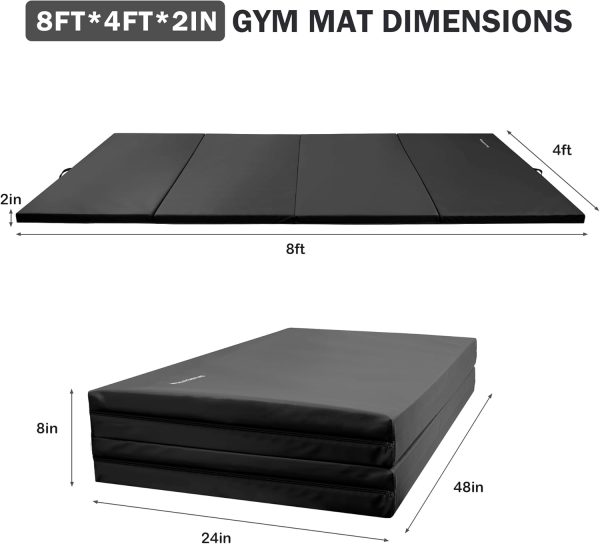Folding Exercise Gymnastics Mat, 4'x8'x2" Gym Workout Mat with Carrying Handles High-Density Anti-Tear Portable Fitness Aerobics Mats for Home Gym Yoga Pilates Tumbling MMA Core Training, Multiple Colors - Image 30