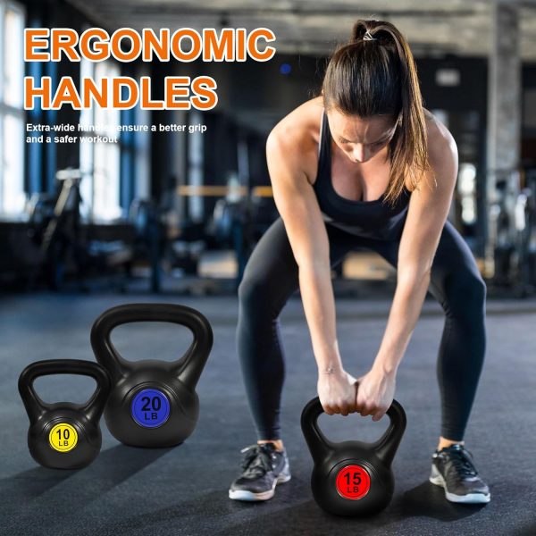 Wide Grip 3-Piece or 4-Piece Kettlebell Exercise Fitness Weight Set, Include 5 lbs, 10 lbs, 15 lbs and 20 lbs, Set of 3 or Set of 4 - Image 7