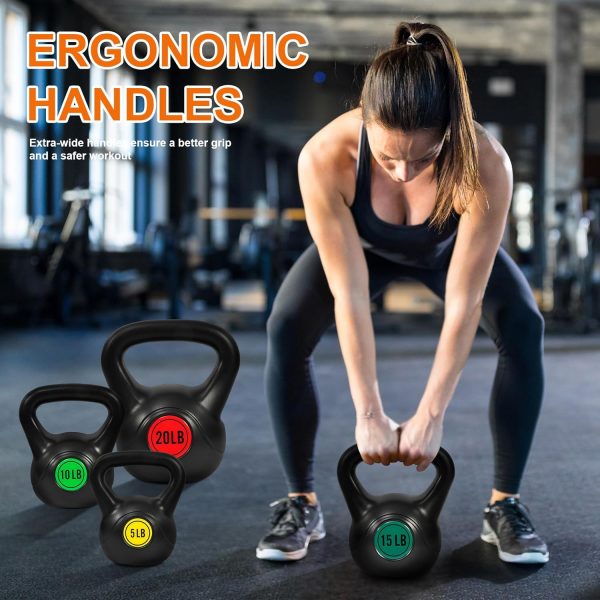 Wide Grip 3-Piece or 4-Piece Kettlebell Exercise Fitness Weight Set, Include 5 lbs, 10 lbs, 15 lbs and 20 lbs, Set of 3 or Set of 4 - Image 12