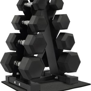 Rubber Coated Hex Dumbbell Weight Set and Storage Rack, 100LB Set or 150LB Set, 5-20 lbs Pairs or 5-25 lbs Pairs