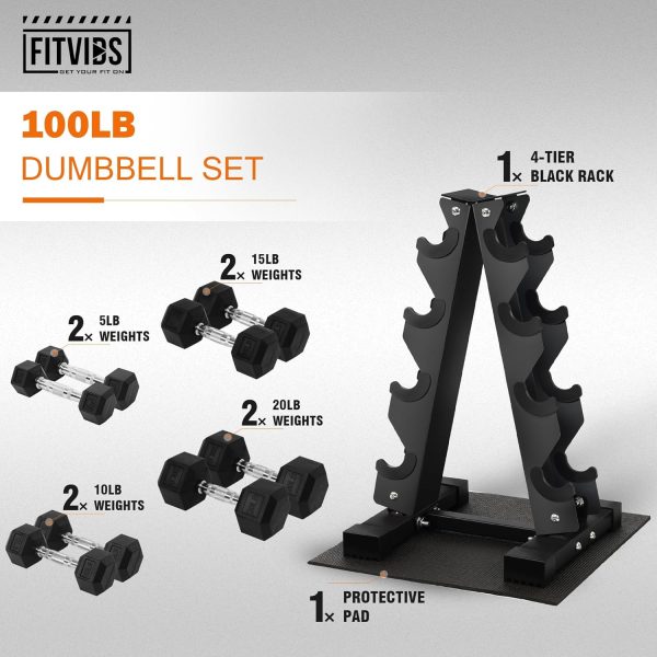 Rubber Coated Hex Dumbbell Weight Set and Storage Rack, 100LB Set or 150LB Set, 5-20 lbs Pairs or 5-25 lbs Pairs - Image 2