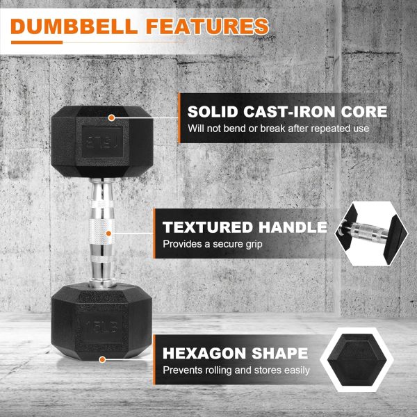 Rubber Coated Hex Dumbbell Weight Set and Storage Rack, 100LB Set or 150LB Set, 5-20 lbs Pairs or 5-25 lbs Pairs - Image 3
