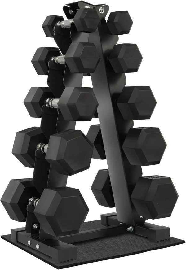 Rubber Coated Hex Dumbbell Weight Set and Storage Rack, 100LB Set or 150LB Set, 5-20 lbs Pairs or 5-25 lbs Pairs - Image 7