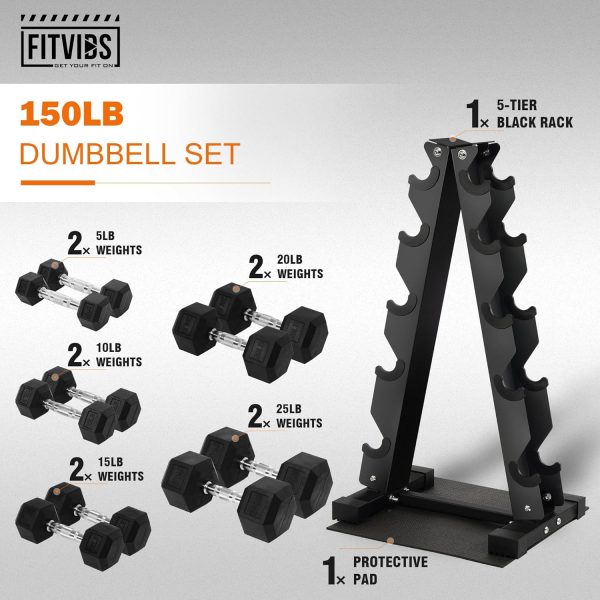 Rubber Coated Hex Dumbbell Weight Set and Storage Rack, 100LB Set or 150LB Set, 5-20 lbs Pairs or 5-25 lbs Pairs - Image 8