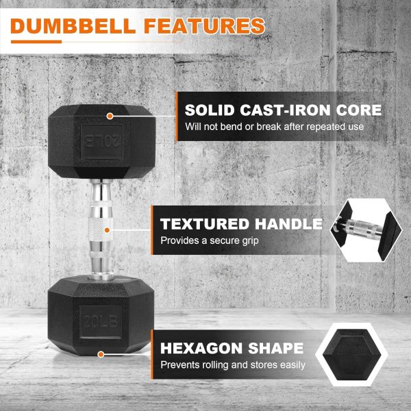 Rubber Coated Hex Dumbbell Weight Set and Storage Rack, 100LB Set or 150LB Set, 5-20 lbs Pairs or 5-25 lbs Pairs - Image 9