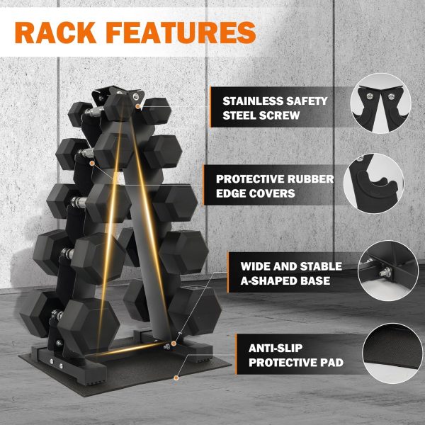 Rubber Coated Hex Dumbbell Weight Set and Storage Rack, 100LB Set or 150LB Set, 5-20 lbs Pairs or 5-25 lbs Pairs - Image 10
