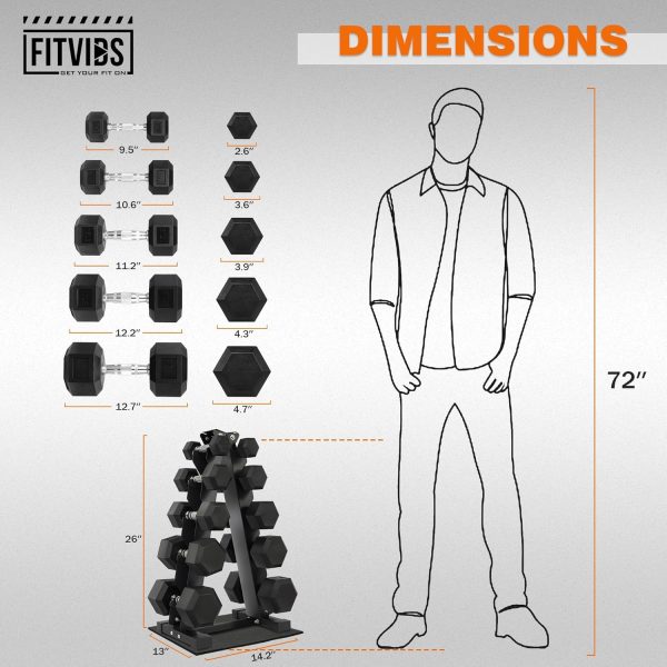 Rubber Coated Hex Dumbbell Weight Set and Storage Rack, 100LB Set or 150LB Set, 5-20 lbs Pairs or 5-25 lbs Pairs - Image 11